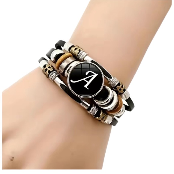 Punk Style Leather Letter A Black and Silver Unisex Bracelet - Picture 4 of 4